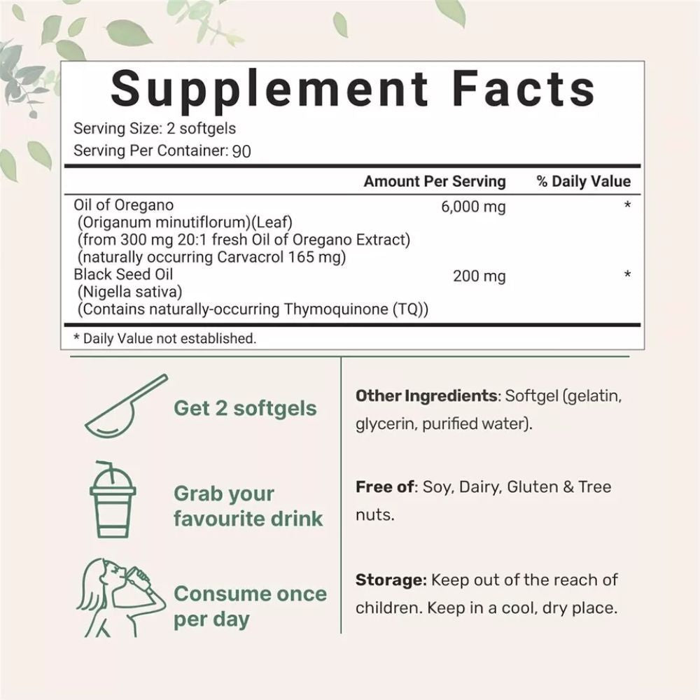 Oil Of Oregano with Black Seed Oil 2 in 1 Carvacrol & Thymoquinone 180 Softgels