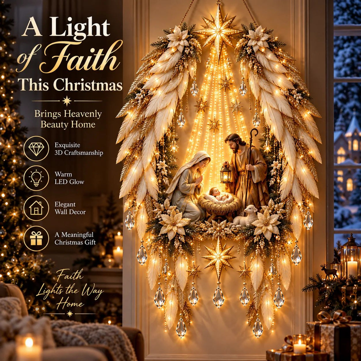 Christmas Wall Decor - Lighted Angel Wings Nativity