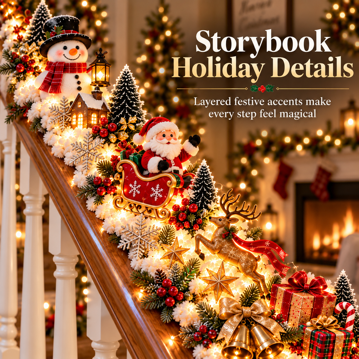 Pre-Lit Christmas Banister Garland - Santa's Sleigh Snowy Stair Railing Decor