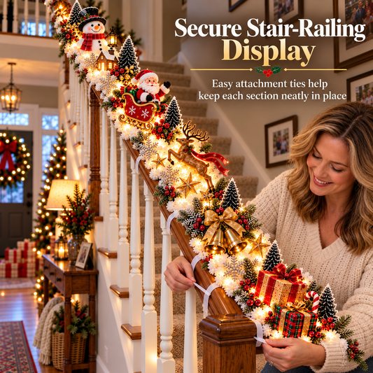 Pre-Lit Christmas Banister Garland - Santa's Sleigh Snowy Stair Railing Decor