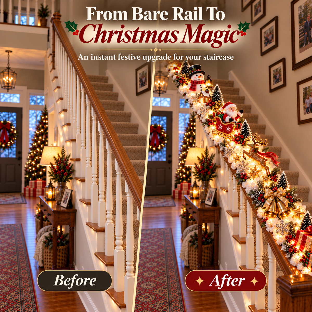 Pre-Lit Christmas Banister Garland - Santa's Sleigh Snowy Stair Railing Decor
