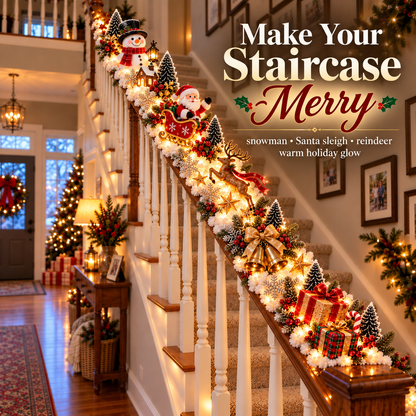 Pre-Lit Christmas Banister Garland - Santa's Sleigh Snowy Stair Railing Decor