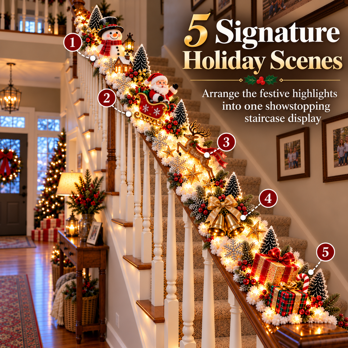 Pre-Lit Christmas Banister Garland - Santa's Sleigh Snowy Stair Railing Decor