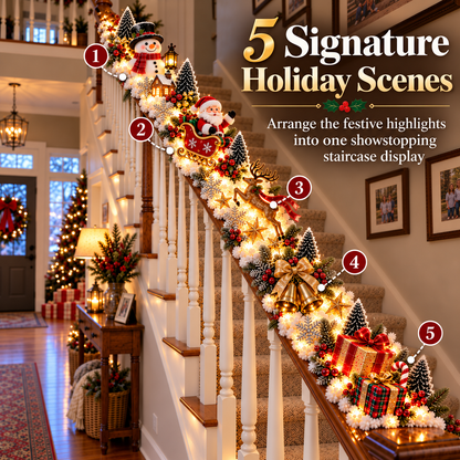 Pre-Lit Christmas Banister Garland - Santa's Sleigh Snowy Stair Railing Decor