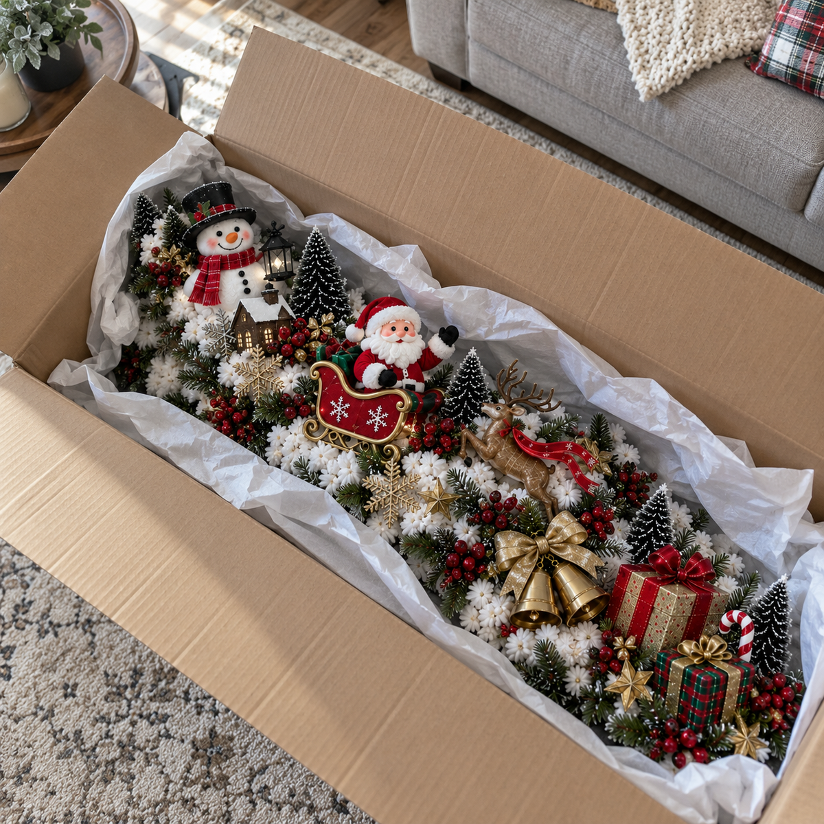 Pre-Lit Christmas Banister Garland - Santa's Sleigh Snowy Stair Railing Decor