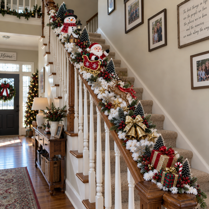 Pre-Lit Christmas Banister Garland - Santa's Sleigh Snowy Stair Railing Decor